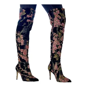 NEIMAN MARCUS Duchess Velvet Floral Thigh High Boots Over the Knee 9