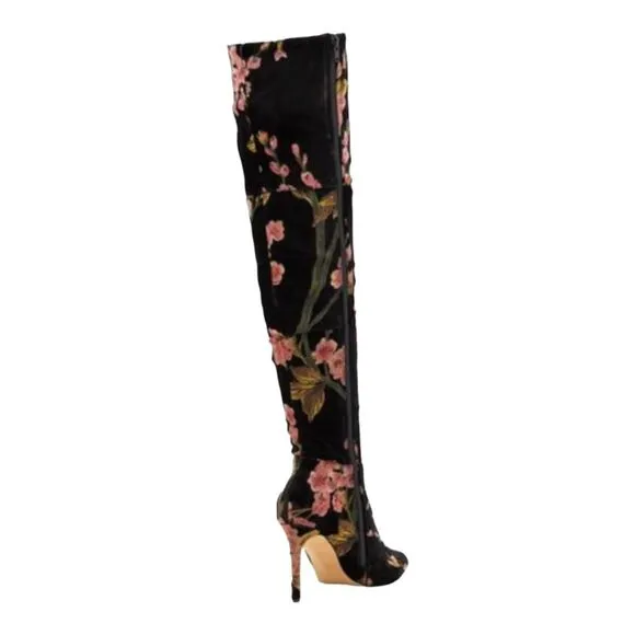 NEIMAN MARCUS Duchess Velvet Floral Thigh High Boots Over the Knee 9
