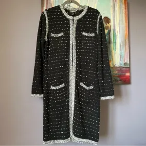 Neiman Marcus Sz M Women's Black White Open Front Cardigan Sweater Long Pocket
