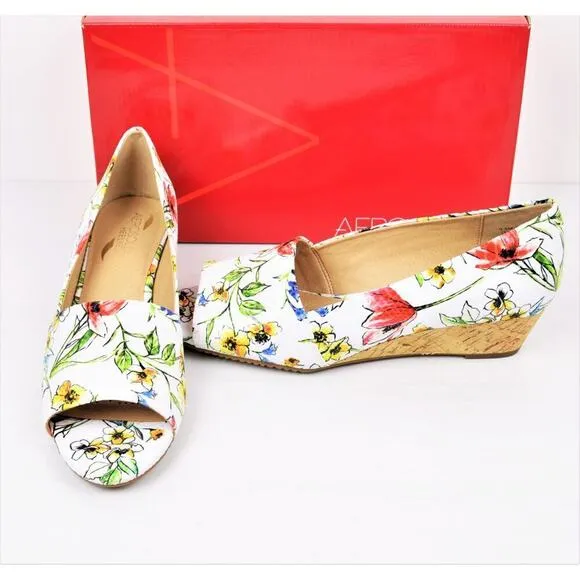 New! Aerosoles Textured Floral Print Cork Wedge Heel Comfort Slide On Shoes