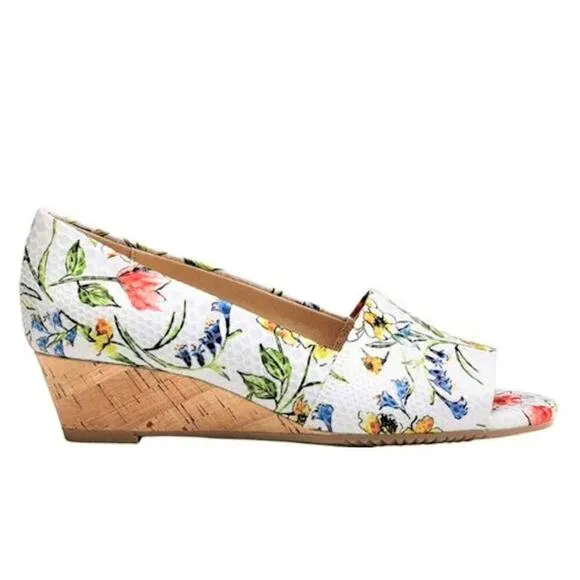 New! Aerosoles Textured Floral Print Cork Wedge Heel Comfort Slide On Shoes