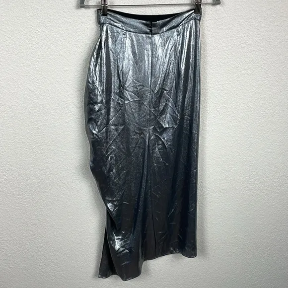 New All Saints Carla Metallic Skirt Silver Ruched Slit Midi Holiday Party Sz 0