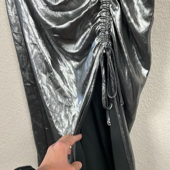 New All Saints Carla Metallic Skirt Silver Ruched Slit Midi Holiday Party Sz 0