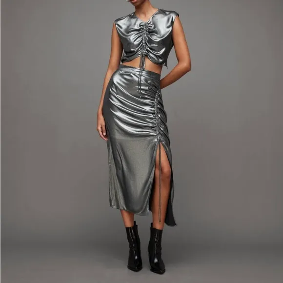 New All Saints Carla Metallic Skirt Silver Ruched Slit Midi Holiday Party Sz 0