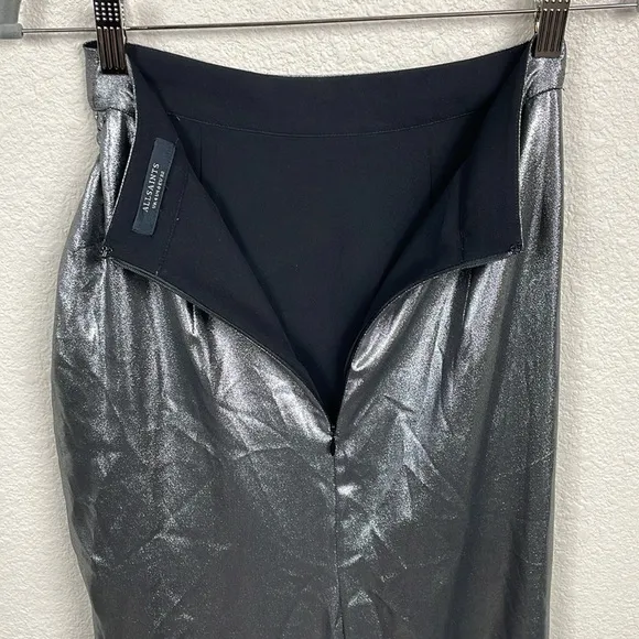 New All Saints Carla Metallic Skirt Silver Ruched Slit Midi Holiday Party Sz 0