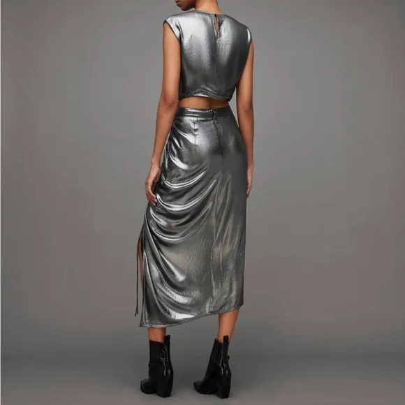 New All Saints Carla Metallic Skirt Silver Ruched Slit Midi Holiday Party Sz 0