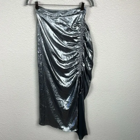 New All Saints Carla Metallic Skirt Silver Ruched Slit Midi Holiday Party Sz 0