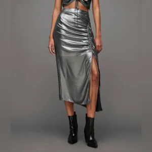 New All Saints Carla Metallic Skirt Silver Ruched Slit Midi Holiday Party Sz 0