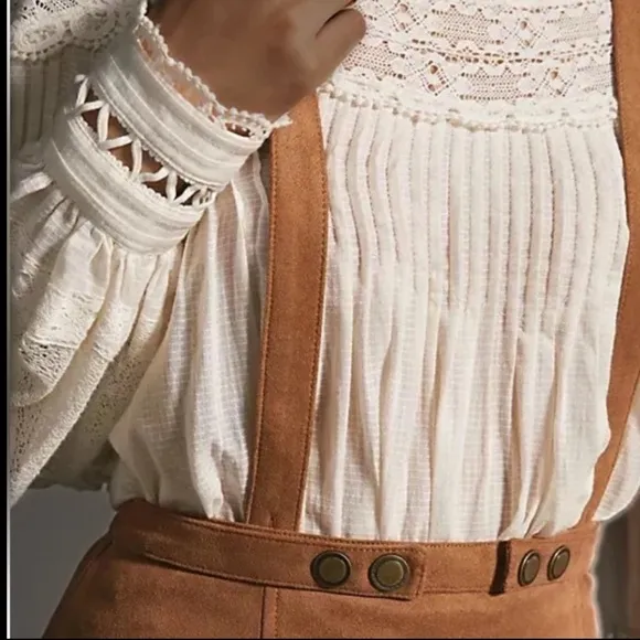NEW Anthropologie Faux Suede Pinafore  Camel/Cedar hi waist Skirt Sz 14 $148