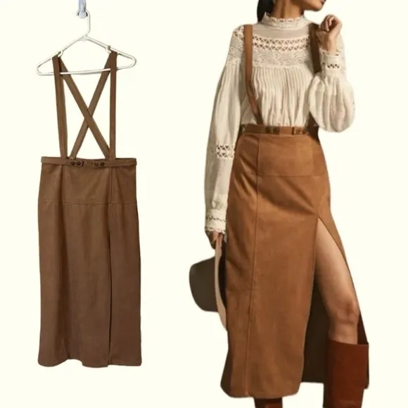 NEW Anthropologie Faux Suede Pinafore  Camel/Cedar hi waist Skirt Sz 14 $148