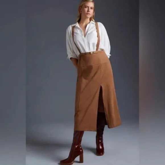 NEW Anthropologie Faux Suede Pinafore  Camel/Cedar hi waist Skirt Sz 14 $148