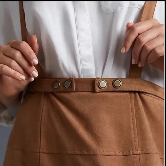 NEW Anthropologie Faux Suede Pinafore  Camel/Cedar hi waist Skirt Sz 14 $148