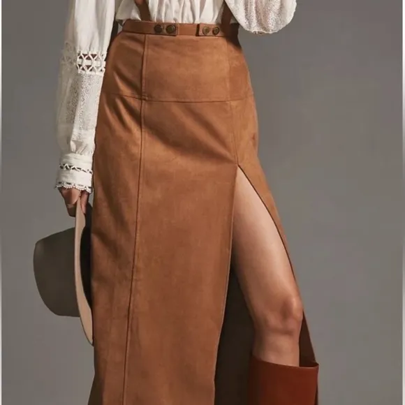 NEW Anthropologie Faux Suede Pinafore  Camel/Cedar hi waist Skirt Sz 14 $148