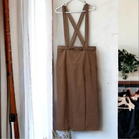NEW Anthropologie Faux Suede Pinafore  Camel/Cedar hi waist Skirt Sz 14 $148