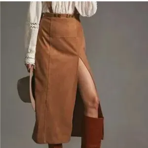 NEW Anthropologie Faux Suede Pinafore  Camel/Cedar hi waist Skirt Sz 14 $148