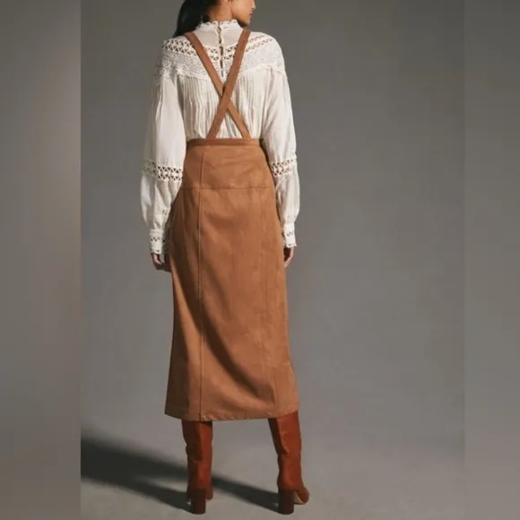NEW Anthropologie Faux Suede Pinafore  Camel/Cedar hi waist Skirt Sz 14 $148