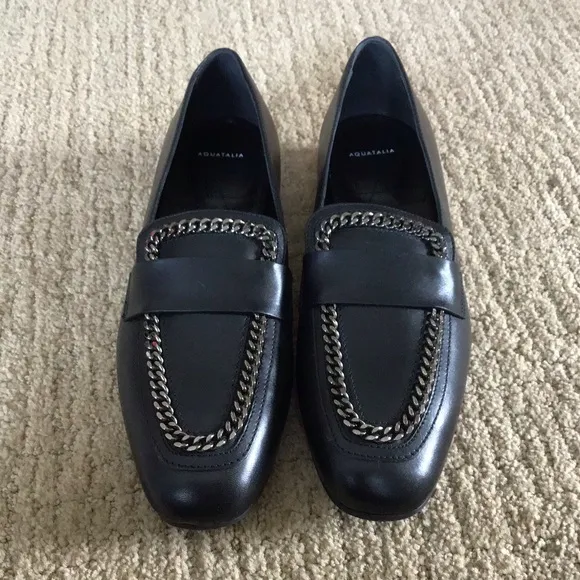 NEW Aquatalia Black Ronda Chain Loafer Flats, Size 7.5