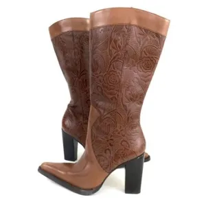 NEW BCBG TOTHEMAX! Brown Leather tooled imprinted boots