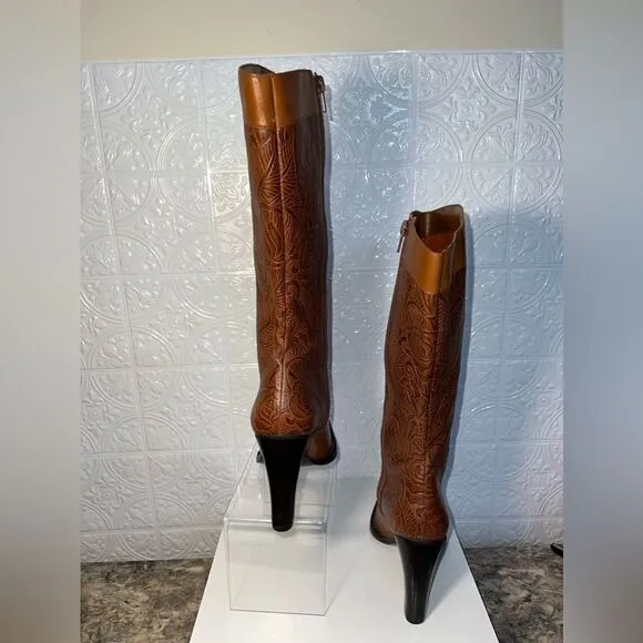 NEW BCBG TOTHEMAX! Brown Leather tooled imprinted boots