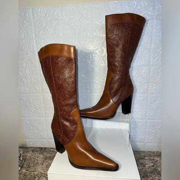 NEW BCBG TOTHEMAX! Brown Leather tooled imprinted boots