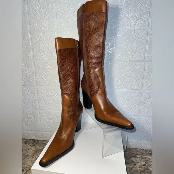 NEW BCBG TOTHEMAX! Brown Leather tooled imprinted boots