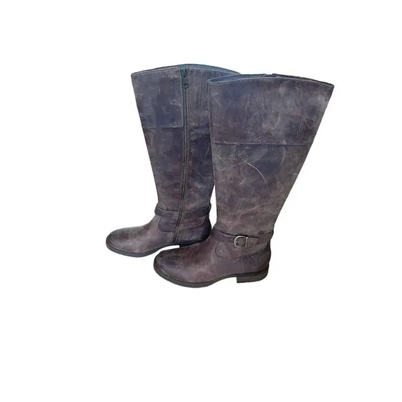 New Born Brown Brayon Western Distressed Knee High Leather Buckle Boots 8.5