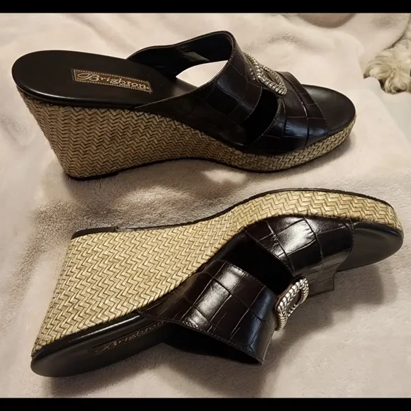 New Brighton &quot;Devon&quot; Espadrille Slip-On Heels Wedges Dark Brown Genuine Leather