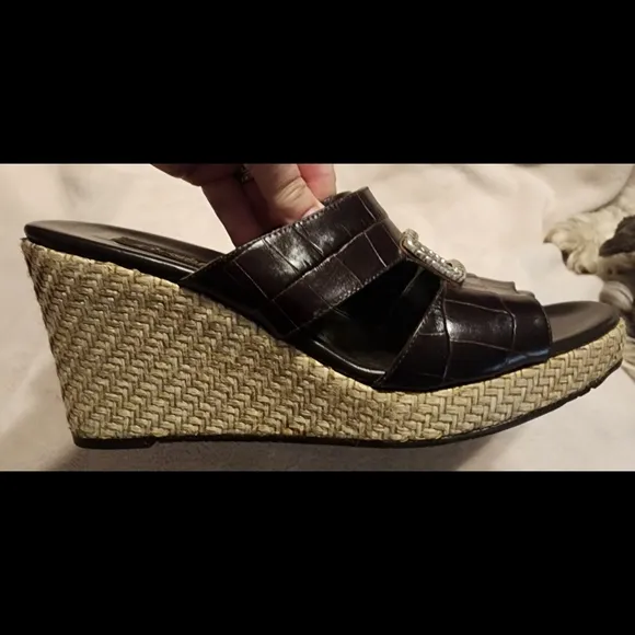 New Brighton &quot;Devon&quot; Espadrille Slip-On Heels Wedges Dark Brown Genuine Leather