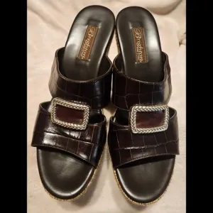 New Brighton &quot;Devon&quot; Espadrille Slip-On Heels Wedges Dark Brown Genuine Leather