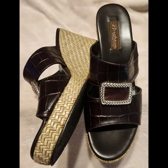 New Brighton &quot;Devon&quot; Espadrille Slip-On Heels Wedges Dark Brown Genuine Leather