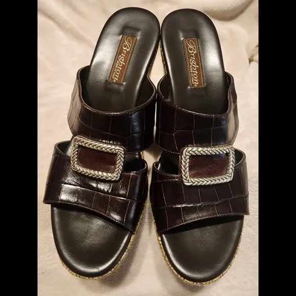 New Brighton &quot;Devon&quot; Espadrille Slip-On Heels Wedges Dark Brown Genuine Leather
