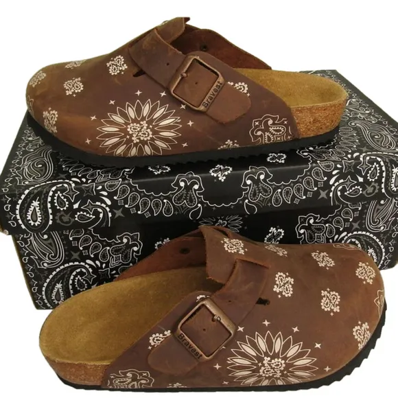 NEW BRVEST STUDIOS Women's Paisley Mules Slip-On Casual Brown Leather Size 6