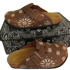 NEW BRVEST STUDIOS Women's Paisley Mules Slip-On Casual Brown Leather Size 6