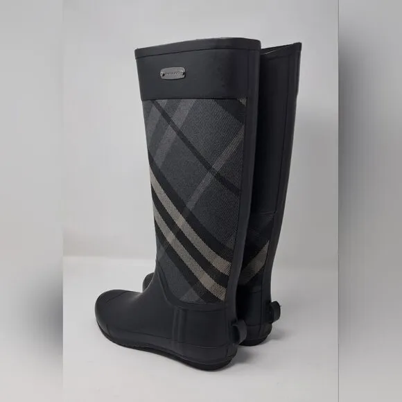 NEW Burberry Women's Rubber Rain Boots Black Super Nova Check 39 EU 9 US