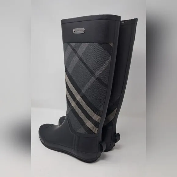 NEW Burberry Women's Rubber Rain Boots Black Super Nova Check 39 EU 9 US