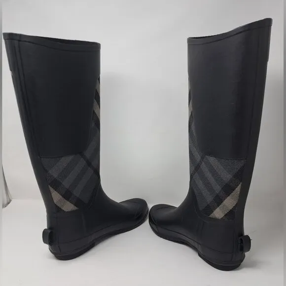 NEW Burberry Women's Rubber Rain Boots Black Super Nova Check 39 EU 9 US