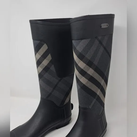 NEW Burberry Women's Rubber Rain Boots Black Super Nova Check 39 EU 9 US