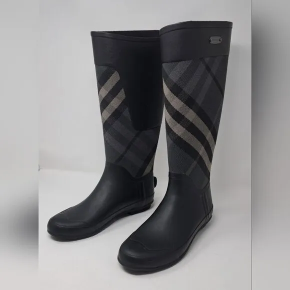 NEW Burberry Women's Rubber Rain Boots Black Super Nova Check 39 EU 9 US