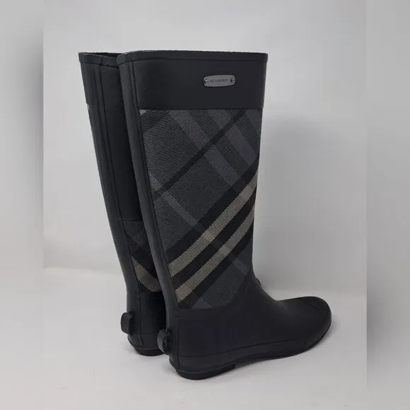 NEW Burberry Women's Rubber Rain Boots Black Super Nova Check 39 EU 9 US