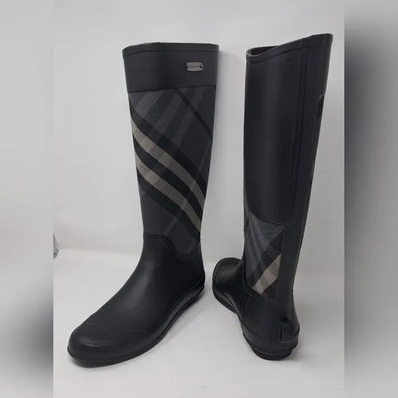 NEW Burberry Women's Rubber Rain Boots Black Super Nova Check 39 EU 9 US
