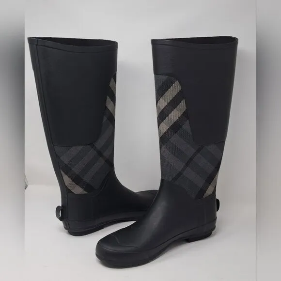 NEW Burberry Women's Rubber Rain Boots Black Super Nova Check 39 EU 9 US