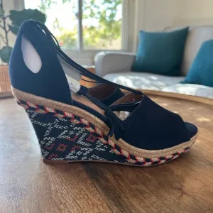 NEW** CAbi Suede Navy Embroidered Lace Up Wedges Heels