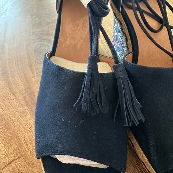 NEW** CAbi Suede Navy Embroidered Lace Up Wedges Heels