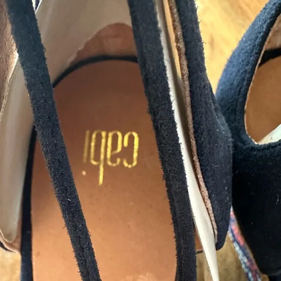 NEW** CAbi Suede Navy Embroidered Lace Up Wedges Heels