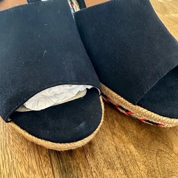 NEW** CAbi Suede Navy Embroidered Lace Up Wedges Heels