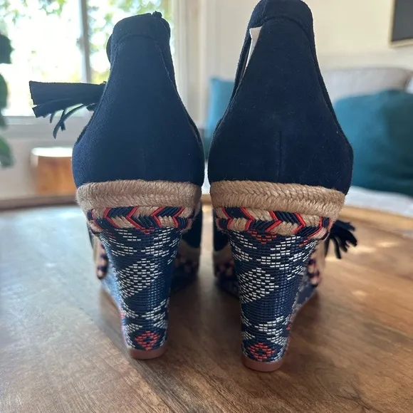 NEW** CAbi Suede Navy Embroidered Lace Up Wedges Heels