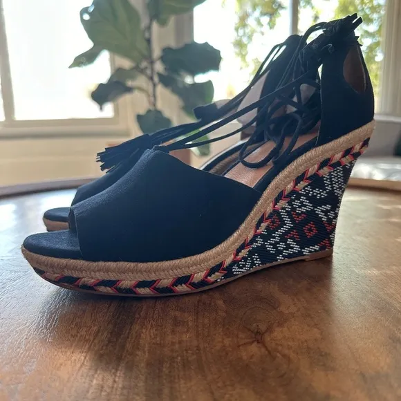 NEW** CAbi Suede Navy Embroidered Lace Up Wedges Heels