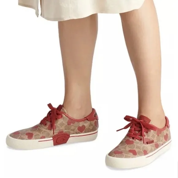🌸NEW COACH Logo Heart ❤️ Print Leather Lace up Sneakers Sz 8 Without box Womens