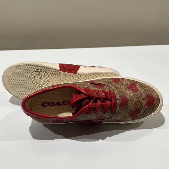 🌸NEW COACH Logo Heart ❤️ Print Leather Lace up Sneakers Sz 8 Without box Womens
