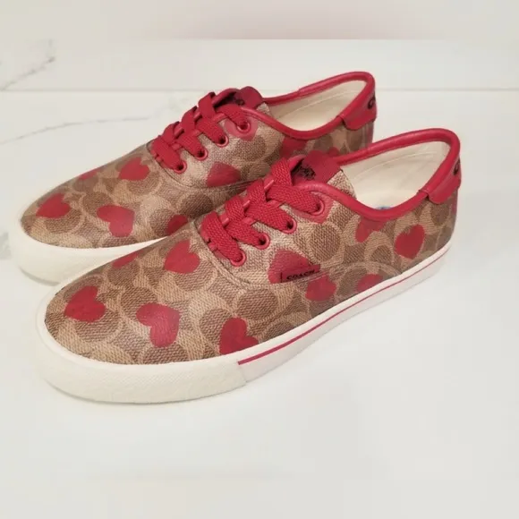 🌸NEW COACH Logo Heart ❤️ Print Leather Lace up Sneakers Sz 8 Without box Womens